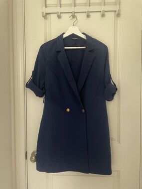 Long Navy Blazer with Gold Buttons